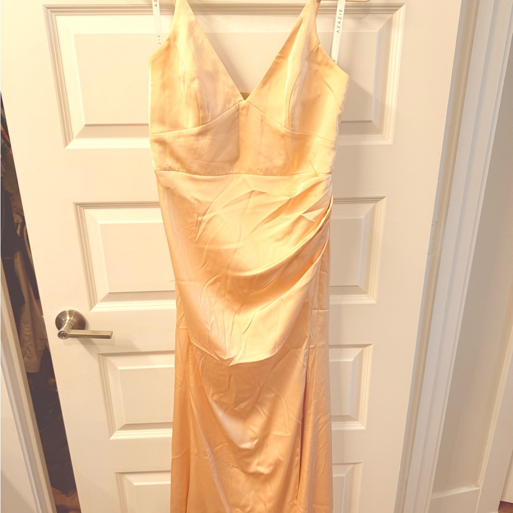 Azazie Gold Ruched Maxi Gown Spaghetti Strap